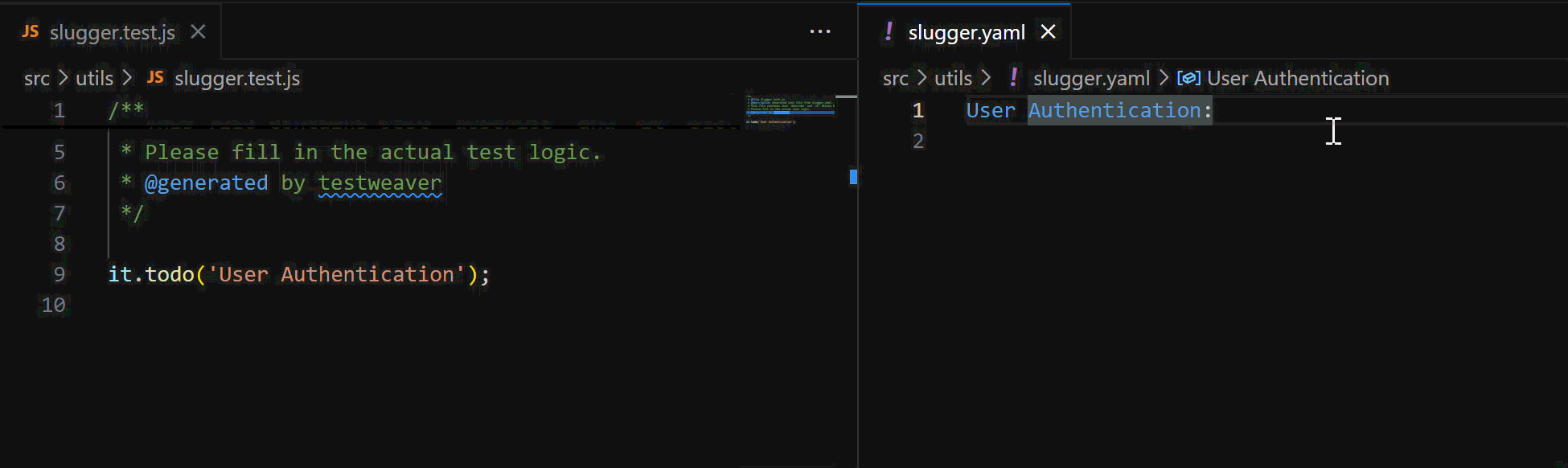 An animated GIF showing TestWeaver automatically updating a test file based on changes to a YAML test plan.